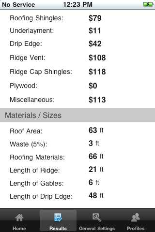 iPhone Roofing Calculator results page