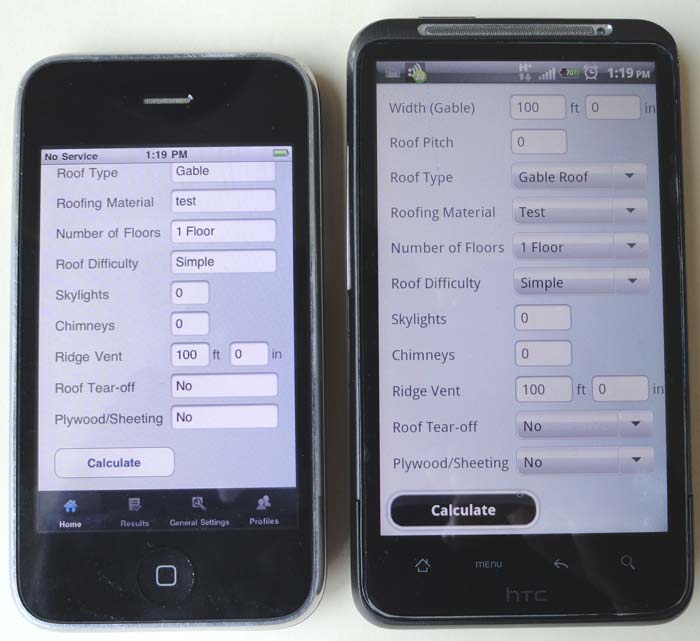 image of Roofing calculator iphone & android - side by side